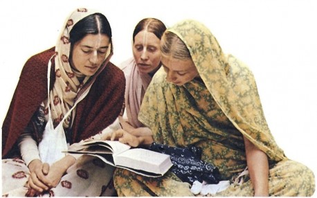 Hare Krishna Ladies Studying Srimad Bhagavatam during Morning Class in the Temple