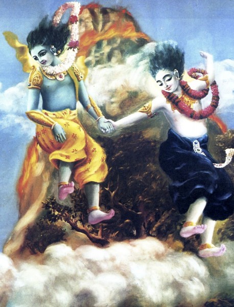 Krishna and Balaram Jump from the Top of a Mountain