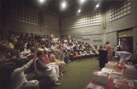 Hare Krishna preaching program at UK college / university, 1973