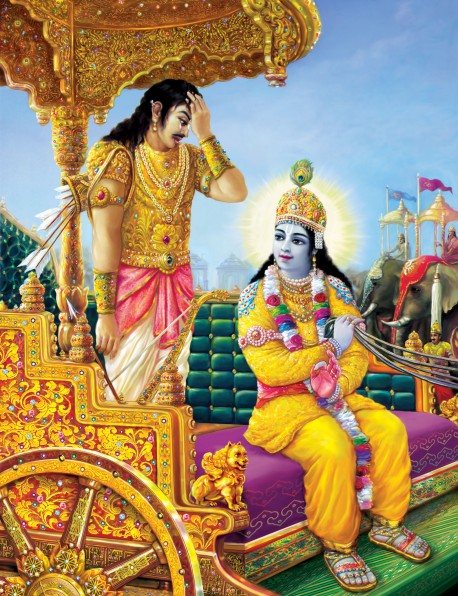 The warrior Arjuna, confused about his duty, accepted Lord Krishna as his spiritual master.