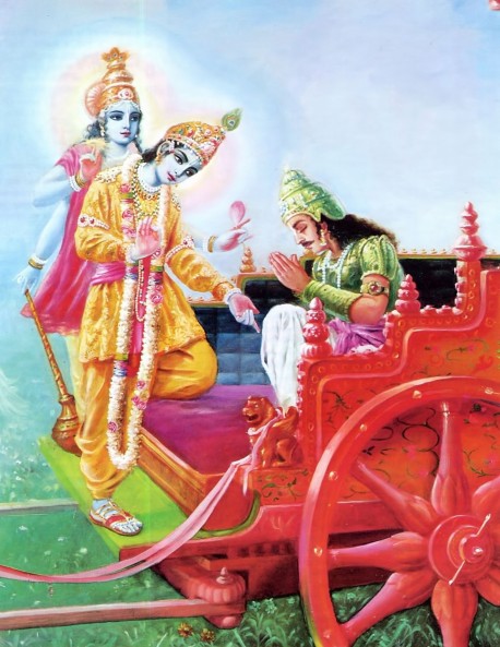 Lord Krishna while speaking the Bhagavad Gita to Arjuna reveals His four-armed form and then His two-armed form.