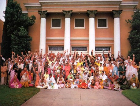 ISKCON Devotees outside the Los Angeles Hare Krishna Temple, 1974.
