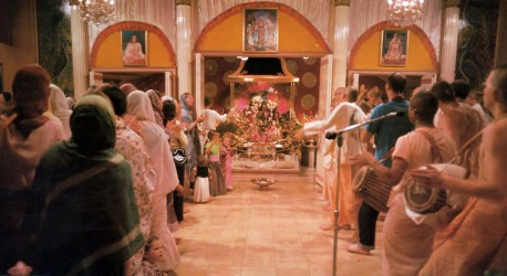 Morning Program (Mangal Aroti) at Los Angeles Hare Krishna Temple (New Dwarka) 1974.