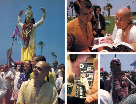 Devotees preaching at Los Angeles Hare Krishna Temple (New Dwarka) 1974.