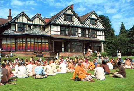 Hare Krishna Devotees outside Bhaktivedanta Manor, Lechmore Heath, Watford, UK - 1974