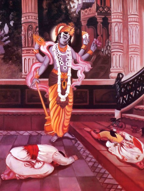 Lord Krishna appears before his mother and father in the form of Visnu 