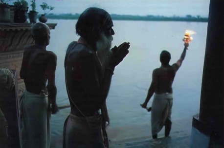 Arati at Kesi-ghata, a bathing place on the River Yamuna, Vrindavan, Mathura, India, 1974.