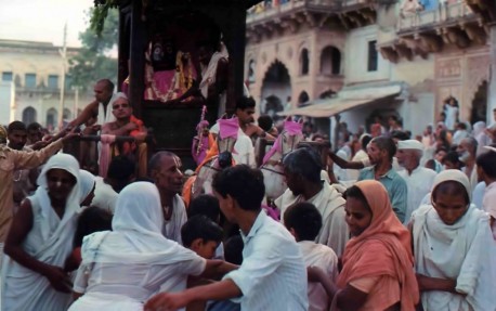 The residents of Vrindavan celebrate a festival in honor of Lord Krishna. India. 1974.