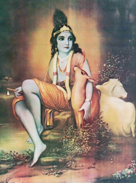 Lord Sri Krishna with arm around a deer and cow nearby.