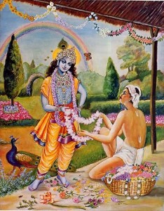 Krishna receives garland from florist. 