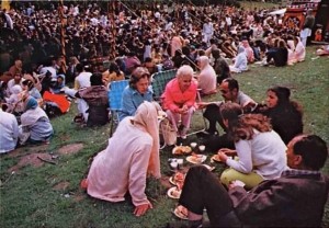 ISKCON devotees distribute prasadam San Francisco's annual Rathayatra Festival 1973.
