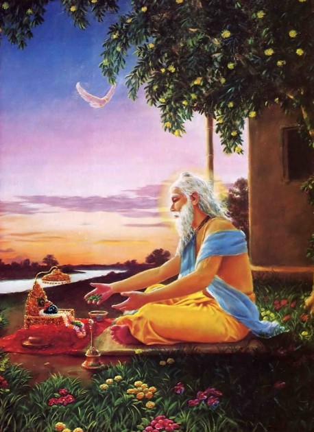 With offerings of sacred tulasi leaves and Ganges water, Advaita Acarya prayed for Lord Caitanya to descend.