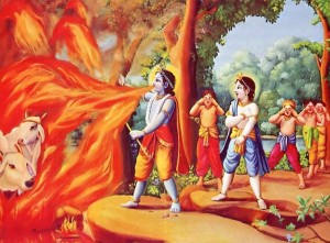 Krishna is protecting His devotees from the devouring flames of a forest fire.