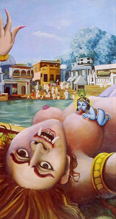 Krishna kills the Putana demon / witch in Vrindavan