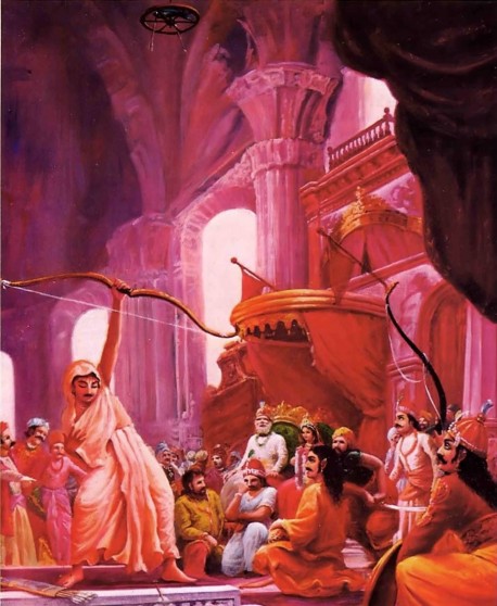 Arjuna shooting the fish without looking at it to win Draupadi as his wife. 