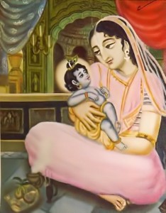Baby Krishna in the lap of His mother.
