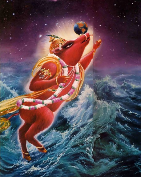 The Lord appeared as the giant boar Varaha to rescue the earth.