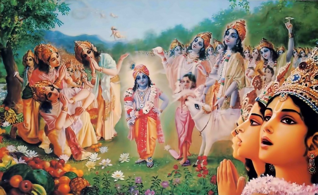 Krishna took compassion on Brahma, whose mind was reeling: He would change things back to the way they'd been before.