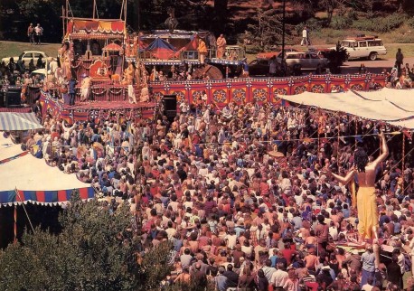 Srila Prabhupada speaks from the dais, and thousands listen - Golden Gate Park's Lindley Meadow 1977