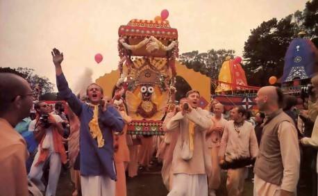 Lord Jagannatha takes a palanquin ride to the dais; from there He can cherish the sights and sounds of thousands chanting Hare Krishna and feasting on prasada. - 1977