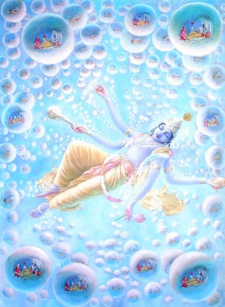 Here we see the process of creation: God in His form as Maha-Visnu exhales billions of universes from His transcendental body.