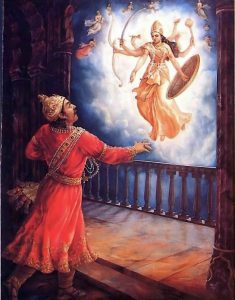 After Krishna's birth, Kamsa tried to kill Krishna's younger sister Yoga maya, but she rose to the sky in her eight-armed form.