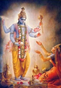 Lord Vamana appears first in His Four-Handed Visnu Form. 