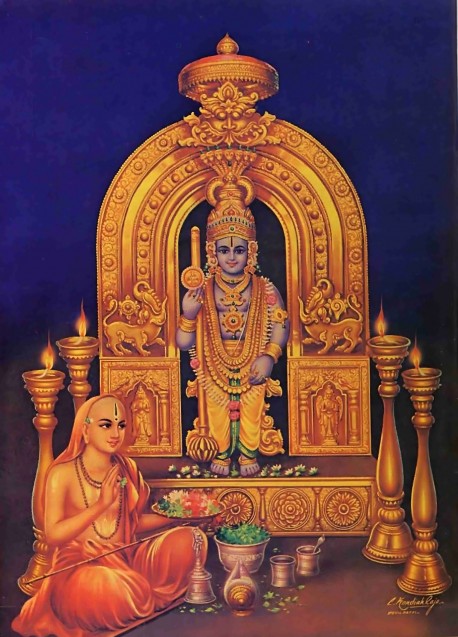Madhvacarya worshiping the Krishna Deity that he found within a lump of clay.
