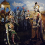 Lord Krsna advised Arjuna on the science of self-realization in the scene from Bhagavad-gita. Though Krsna spoke for only half an hour, what He said has challenged the greatest minds for five thousand years.