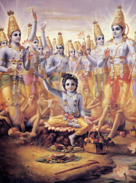 To convince Brahma that Krsna's new calves and boys were not the original ones, They all tran sformed Into four-armed Visuu forms. All were transcendentally beautiful. Their glancing resembled the sunrise.