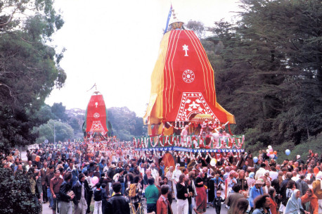 Get-together in Golden Gate Park. "Blacks, whites, yellows, browns, kids, old folks, profs, cops - family unity at last. Hare Krsna. Hare Rama. The words stayed with you like no others. We were singing to an old, very special, long forgotten friend of the family"