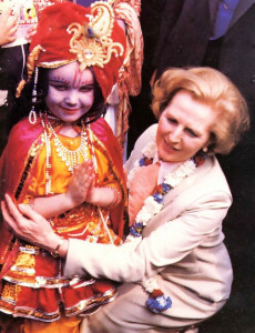 Prime Minister Margaret Thatcher enjoys a few moments with Krsna (portrayed by six-year-old Yamuna dasi). "Why are you blue'?" the Prime Minister asked