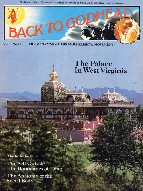 The Palace in West Virginia. Says the Pittsburgh Press, "The West Virginia panhandle's farm-checkered, wooded vistas give way before a shimmer of the Orient: gold mirrors and gold leaf ornament , silver filigree, and stained glass and marble of many colors. An estimated 200 tons of marble were used in the structure. About 50 kinds o f marble were imported from all over the world. The stone was cut, polished, and pieced together in intricate floral a11d geometric designs in the Krishna workshop .. . .''