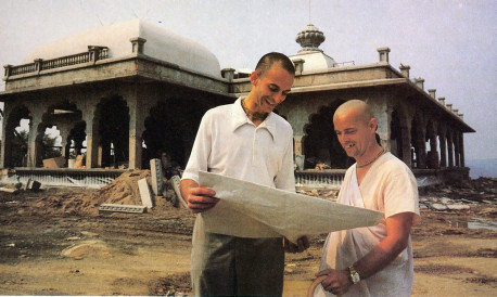 Planning and building took a full six years. Srila Kirtanananda Swami Bhaktipada (at right) conceived the project and saw it through in all its details. Bhagavatananda dasa (left) drew up the plans, engineered the construction.