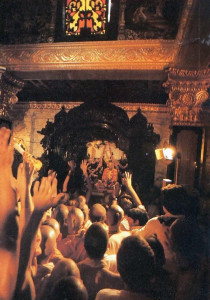 Devotees cheer as the inner doors open upon the figure of Srila Prabhupada. "It's very nice," says Srila Bhaktipada, "when we have guests come and they look all around the Palace and admire how nice it is. And when they see Prabhupada and say, 'This is the best thing ,' then we feel like we've been successful."