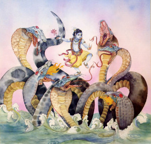 "Krsna dashed Kaliya with His lotus feet, and this was more than the serpent could bear ... " Above. Nanda Maharaja embraces his son after the defeat of the great demon. (From Kaliy a, King of Serpents.