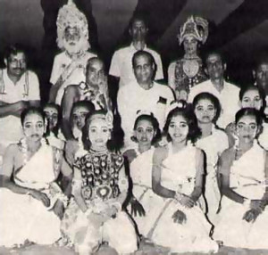 The Honorable J. B. Pattanaik (second row, center), the chief minister of Orissa; His Holiness Gaura-Govinda Swami (to his right), director of ISKCON's Bhuvanesvara center; and stage director K. C. Pattanaik (to the minister's left) pose with members of the cast of Prahlada.