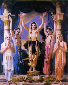 This congregational chanting of the holy names of God was first propagated on a large scale five centuries ago in India by Sri Caitanya Mahaprabhu and His intimate associates. From left to right are Sri Advaita Aciirya, Sri Nityananda Prabhu, Sri Caitanya Mahaprabhu , Gadadhara Pandita, and Srivasa Thakura.