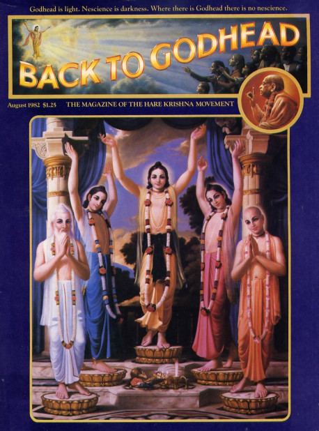 In Bengal, India, 500 years ago, Lord Krsna, the Supreme Personality of Godhead, appeared in this material world. His purpose was to spread love of God through the chanting of Hare Krsna. And He fulfilled this purpose by appearing in five varied features at once. The central figure in this multiple descent (and the central figure on our cover) was Sri Caitanya Mahaprabhu , who was Krsna Himself in His fullness. Appearing with Him were Sri Nityananda Prabhu (in blue), the Lord's first divine expansion, and Sri Advaita Acarya (in white), the Lord's aspect as a divine in carnation. Assisting Them were Sri Gadadhara Pandita (in red ), who embodied the Lord 's devotional energy, and Srivasa Thakura (in saffron). representing the Lord's pure devotees.