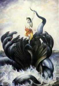 A portrayal of Krsna punishing Kaliya, a multiheaded serpent who made part of the river a deadly pool of poison.