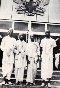 Before the Ghanian state house in Accra: (left to right) Raivata Muni dasa, Maha·mantra dasa, Jiva Goswami dasa, and Laksmi-pati dasa, delegates to the recent religious conference there