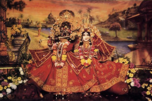 the Deity forms of Lord Krsna and His consort Srimati Radharani (far left) stand on Their altar before a sylvan backdrop painted by Visnu dasa. (The devotees know the Krsna Deity as Ksiracora-gopinatha, a name explained onpage 12.)