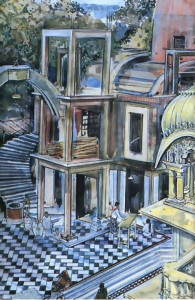 One of a series of watercolors he painted to show the stages in the construction of the Srila Prabhupada memorial he is helping to build there