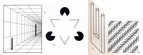 Our eyes often play tricks on us. The two bars in figure a. are of equal height. The white triangle in figure b. isn't really there. The drawing of the " trident" in figure c. befuddles our mind and eye with its impossible perspective. And the diagonal lines in figure d. are parallel.