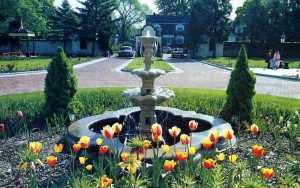 The estate's immaculately manicured lawns and carefully tended gardens arc graced by sculpted fountains