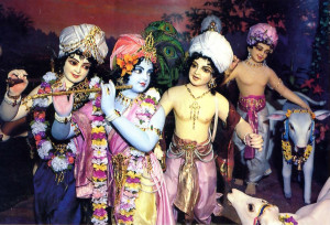 Lord Krsna playing His flute, enter  Vrndavana with His cows,. friends, and brother. Balarama (dressed in purple) .