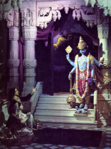 Lord Krsna appears in King Kamsa's dungeon and receives the prayers of His parents Devaki and Vasudeva. The Lord first appeared in His four-armed Visnu form and then transformed llimself into a humanlike infant (visible at Visnu's feet)