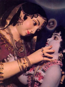 Krsna's foster mother, Yasoda, gazes into His mouth and sees the entire cosmos.