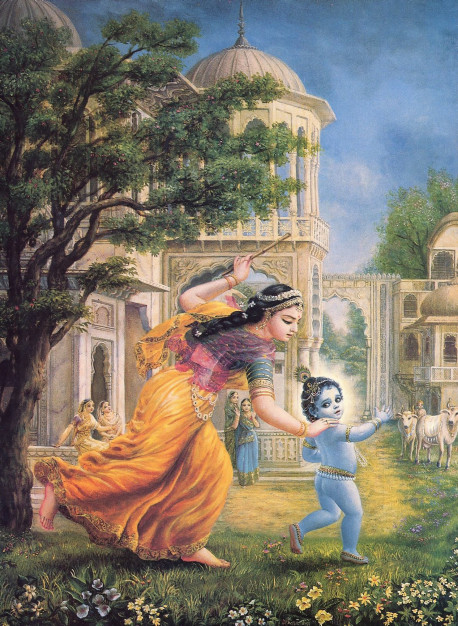 Playing like a naughty child, Lord Krsna lets Himself be overtaken by His mother, Yasoda, who had caught Him red-banded with stolen butter. God reveals Himself in this supremely charming aspect only to those who have developed pure love for Him through unswerving obedience to His laws. For others He is the strict, awesome chastizer more familiar to Western students of the Bible. But in either case, He fulfill s the promise He makes in the Bhagavad-gita: "As they surrender to Me, I reward them accordingly."