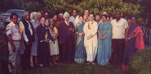 Subhananda dasa (in white robes) and his wife Sitarani-devi dasi (to his right) join with some important WCC delegates and official guests at ISKCON's center in Vancouver, British Columbia.